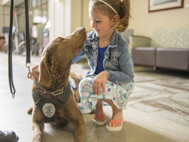 Young girl at home with her dog