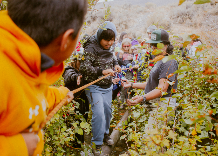 Kids work their way up a rope line
