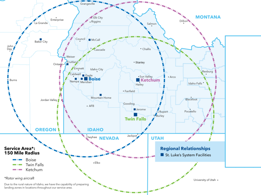 Map of Air St. Luke's coverage in Idaho, Oregon, and Nevada