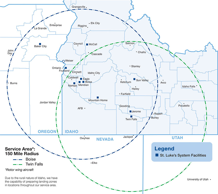 Map of Air St. Luke's coverage in Idaho, Oregon, and Nevada