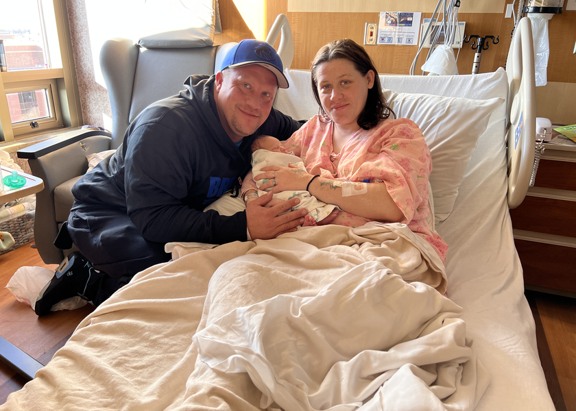 Nevaeh Lilly, with her parents Josh DeLaune and Britney Ballou, at St. Luke’s Boise on Jan. 1.