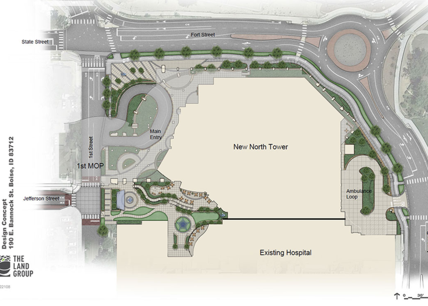 Plan renderings showing how North Tower will connect to existing hospital