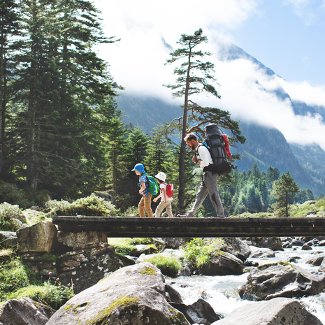 Fathers and children hiking together in mountains