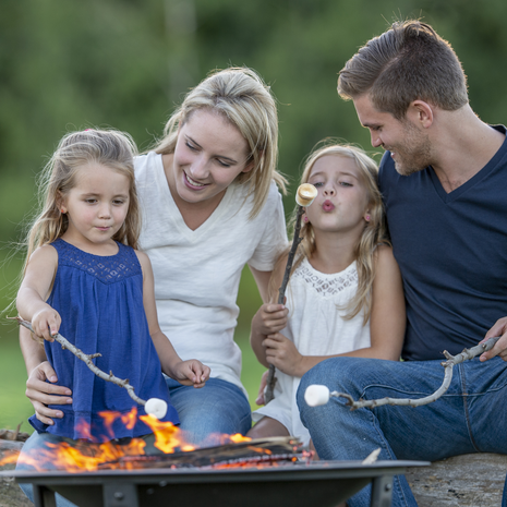 Happy family with young kids making smores