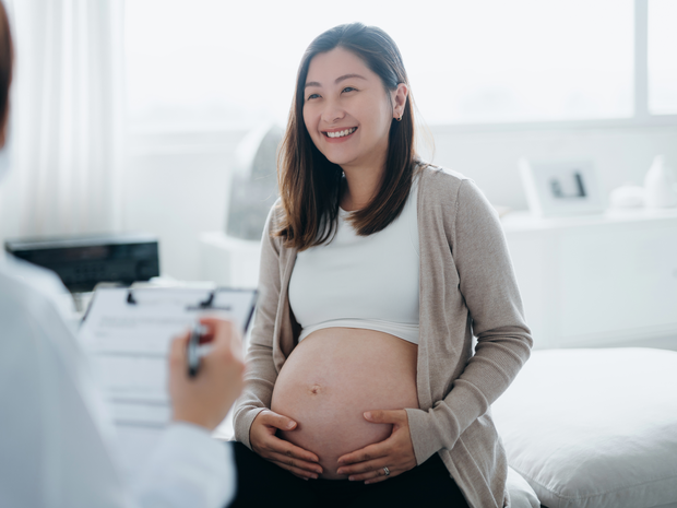 Smiling young pregnant woman talks with her doctor