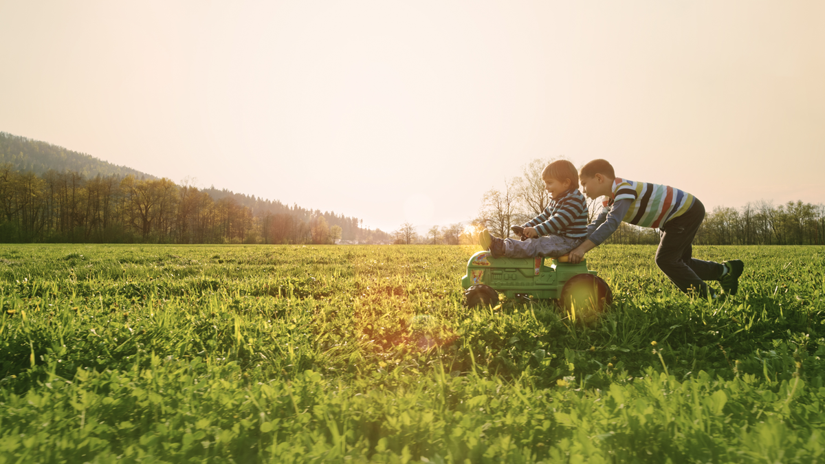 Boys playing in the fields on their toy tractor.