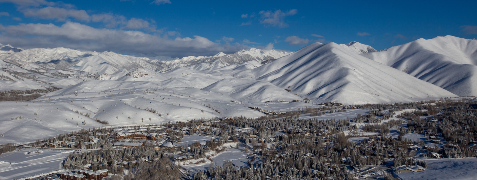 Snow covered Sun Valley, Idaho and surrounding mountains