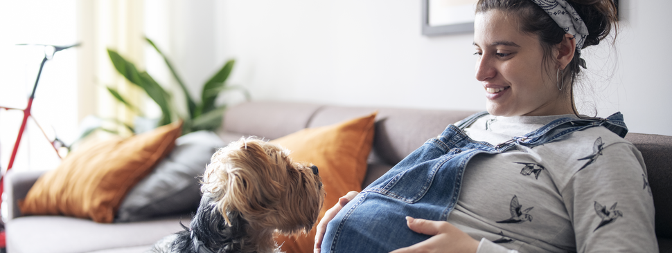 A pregnant woman on a couch