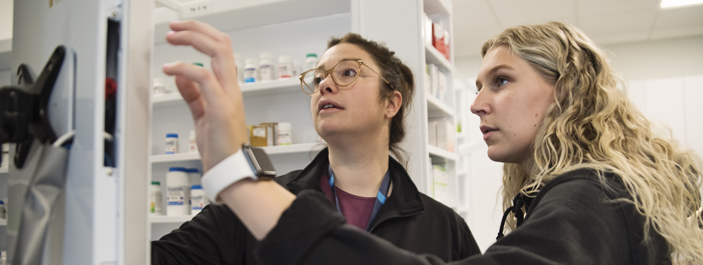 student with pharmacist in pharmacy studies