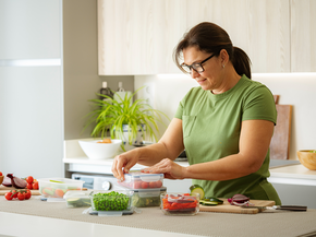Woman puts vegetables into reusable containers in kitchen.