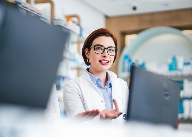 Young pharmacist working at counter.