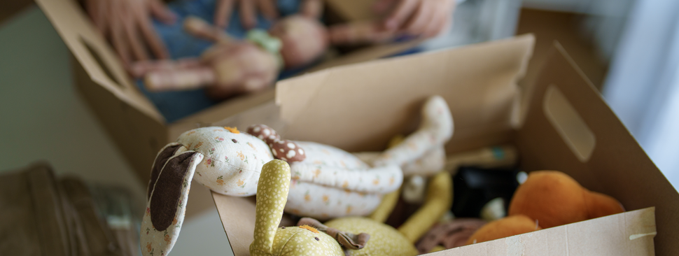 Assorted stuffed animals in boxes. 