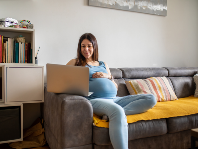 Pregnant woman using a laptop at home. 
