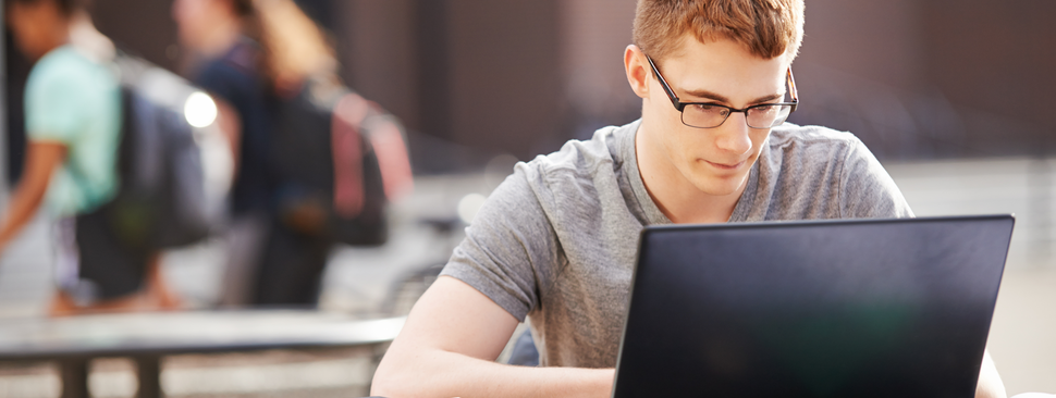 Young adult does homework on computer
