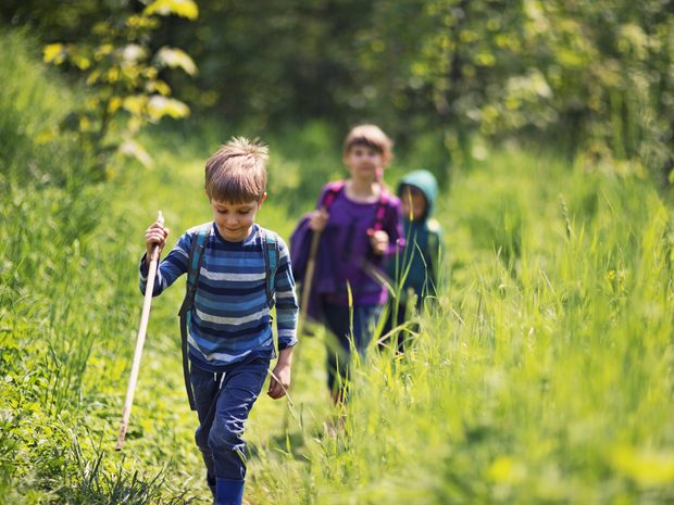 Three boys hiking on a trail