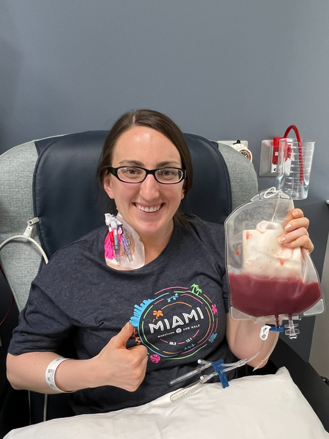  Kate holding a bag of her stem cell donation.