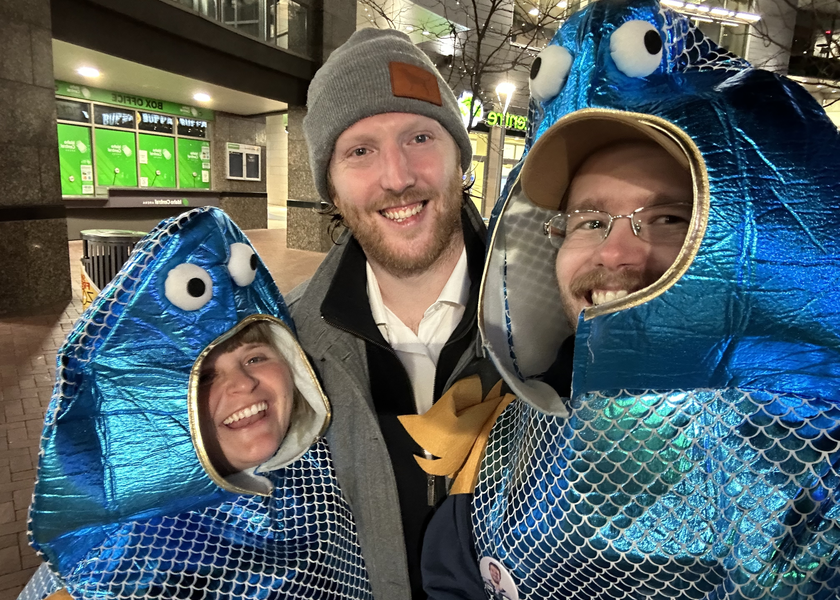 Dexter in a mascot costume at a Steelheads game.