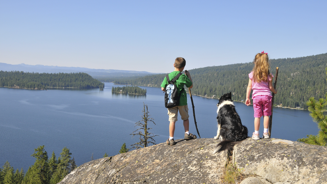 Two kids and dog stare out at water while on hike.