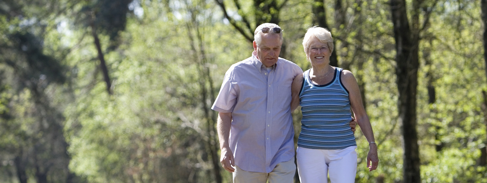 Elderly couple walking in trees