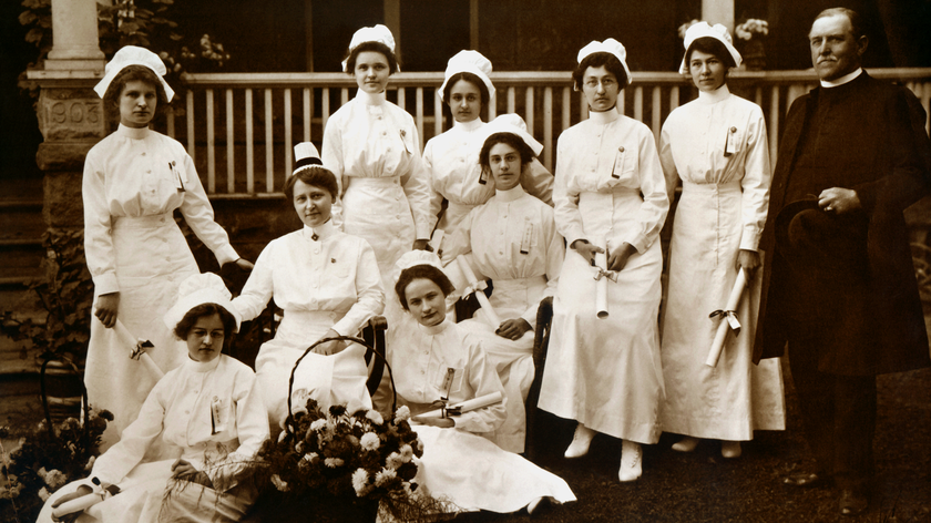  Our first nurses pose with Bishop James Bowen Funsten.