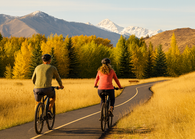 Two bikers riding along the Wood River trail.